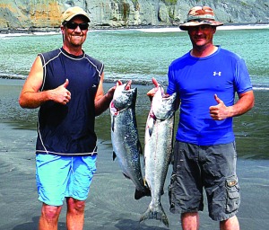 Loleta resident Eric Stockwell, left, and Domenic Belli of Grizzly Bluff picked up a pair of opening-day kings while fishing from their kayaks at Shelter Cove on Saturday. Photo courtesy of Eric Stockwell 
