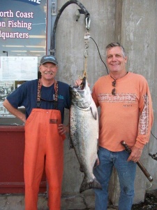 Ron Wallace of Sebastopol, pictured right, landed the winning salmon in Englund Marine’s big salmon contest. The first place fish weighed in at 29 lbs gutted and gilled and was caught on July 21. Wallace was fishing with Tim Klassen of Reel Steel Sport Fishing, pictured left. Photo courtesy of Englund Marine, Eureka